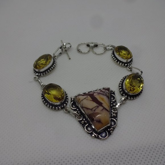 Stunning "MOOKAITE JASPER & CITRINE" Handmade Sterling Bracelet Size 7.5"  #198 - Picture 1 of 3